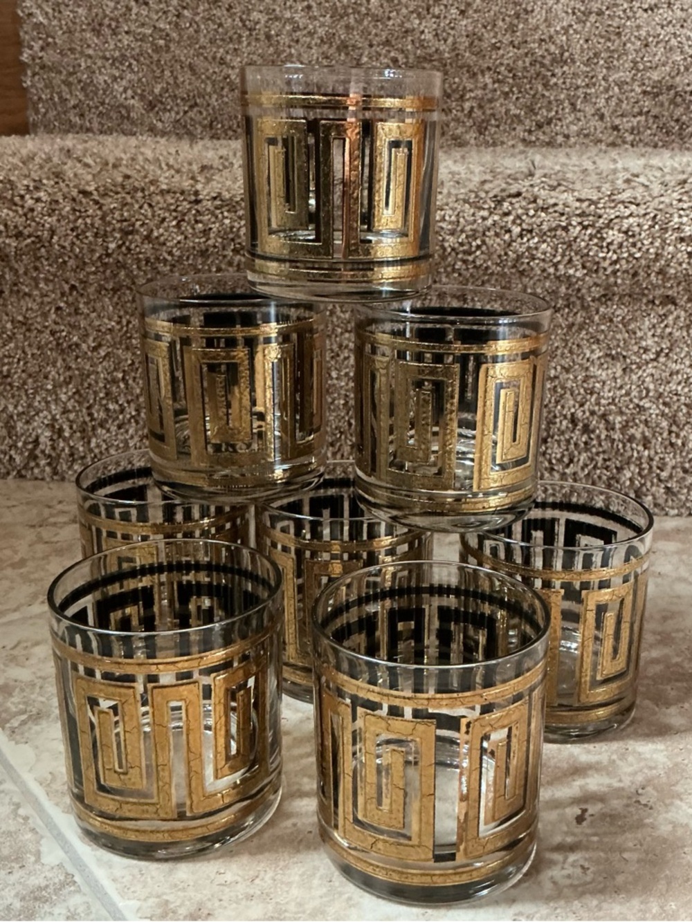 Culver Greek Key Whiskey Glasses, Set of 8, Vtg Cocktail Glasses, Home Bar